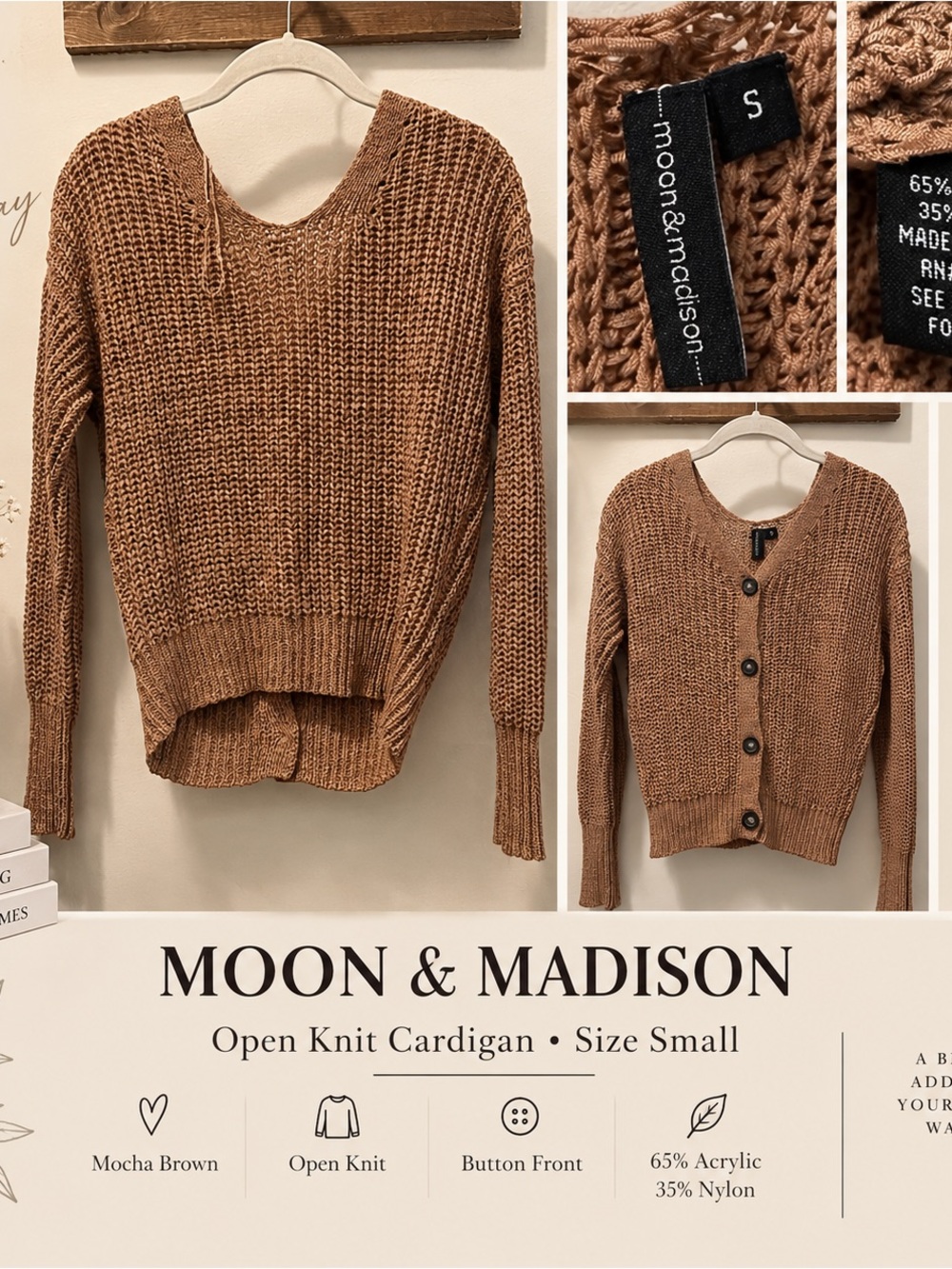 moon & madison mocha brown open-knit cardigan sweater